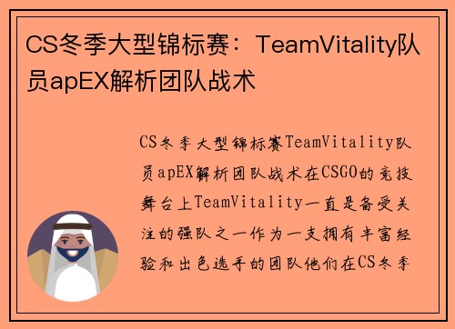 CS冬季大型锦标赛：TeamVitality队员apEX解析团队战术